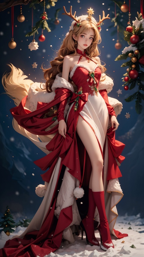  (best quality) , (masterpiece) , small breasts, 20-year-old girl, (solo) , (Snow: 1.5) , (snow forest background) , -Christmastmas red velvet shawl dress, velvet antler tiara) , photography style, soft focus, blonde hair, freckles, detailed lighting, front ligChristmastmas photChristmastTreetrChristmastmas presenChristmastmas stockings, white lace knee socks, warm light, headdress, 1 giWestwGreenreChristmastmRed Dressress, 1 girl, dress