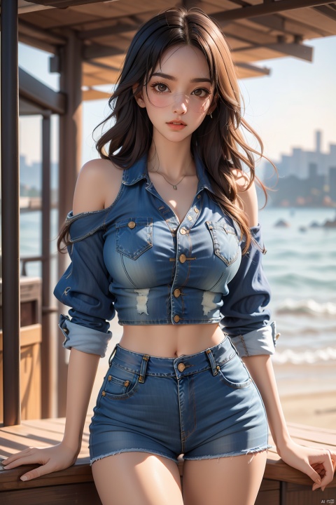  Girl, solo, denim shirt, denim shorts, full chest, standing on the beach, available light, (wearing sunglasses: 1.2), (shawl long hair: 1.3), HDR, UHD, 8K,Best quality, absurdity, reality, masterpiece, high detail, clear focus, available light, film _ lighting, thigh, (cowboy _ lens: 1.2), film lighting, best quality, ultra-fine painting, professionalism, extreme detail description,