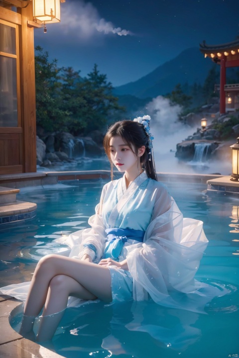  High quality, masterpiece, cinematic texture, Chinese elements, 1 girl bathing in the pool, (wrapped in a gauze: 1.2), (with a large amount of water vapor on the surface), (hot spring), lantern, night,Song style Hanfu,smog,8K Ultra HD, clear and bright image quality, highly refined, extremely fine, chang