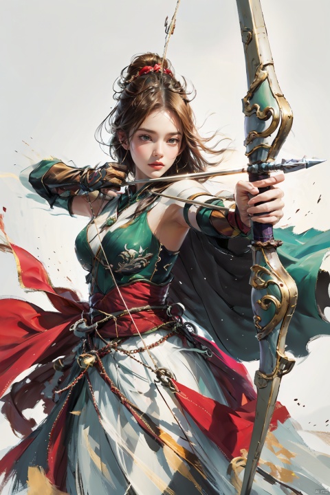  1girl,big breasts, solo, gloves,long hair, focusing intensely,Hold the iron tire bow with the left hand and draw a bow and shoot arrows, Wearing a jade crown, shining silver armor, and wearing a lion headband. Treading towards the sky with cow tendon boots; Wearing a crimson cloak on her shoulders, carrying a three foot green blade on her waist, coupled with her tall figure and resolute expression,clean white background,
