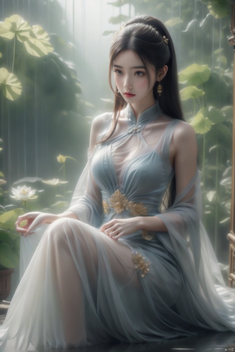  heise jinyao, inspired by Zhang Han, xianxia fantasy, flowing gold robes, (Colorful, colorful hair),inspired by Guan Daosheng, long hair, fantasy art style,,Ink scattering_Chinese style, lotus leaf, 1girl