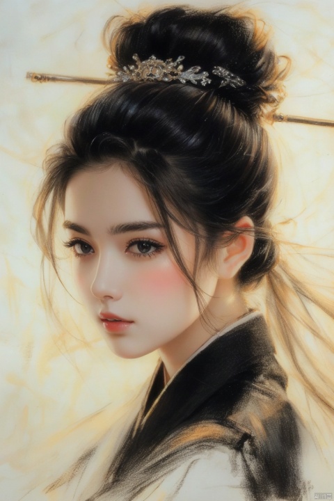  ((HRD, HUD, 8K)),((masterpiece, best quality)), highly detailed, soft light,
ColoredLead, 1girl, solo, hair stick, black hair, hair ornament, traditional media, looking at viewer, portrait, long hair, black eyes, closed mouth, realistic, signature, lips, hair bun, single hair bun, simple background, nose,