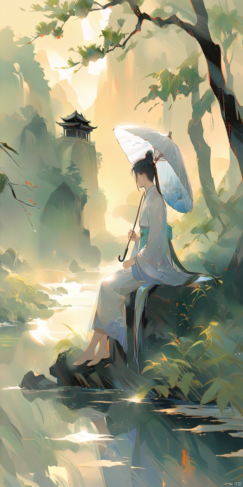  A man in a white Hanfu stands on the flowing riverbank, holding an umbrella and watching his wife sit under the umbrella in a light blue outfit to shield her from the rain. Illustrated with a romantic river view, soft colors, high resolution, high details, delicate brushstrokes, natural lighting, peaceful atmosphere, ancient China, with a background of green trees, drizzle, high-definition details, depth of field effect, ink painting, texture frosting, diffuse gradient, romantic ancient style, excellent light and shadow, color curves, ananmo, (\shen ming shao nv\), rainbow girl