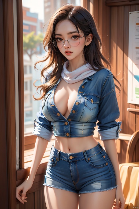  Girl, solo, denim shirt, denim shorts, full chest, standing on the beach, available light, (wearing sunglasses: 1.2), (shawl long hair: 1.3), HDR, UHD, 8K,Best quality, absurdity, reality, masterpiece, high detail, clear focus, available light, film _ lighting, thigh, (cowboy _ lens: 1.2), film lighting, best quality, ultra-fine painting, professionalism, extreme detail description,