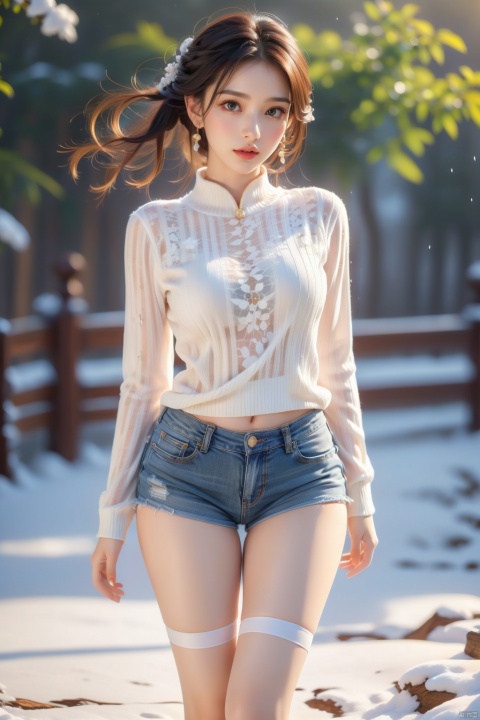  1girl,asian,(detailed background, outdoor,highly detailed background,flying snow,), colorful hair,arrings, parted lips, realistic, female focus, masterpiece,high resolution,1girl,ultra-detailed,extreme detailed, gradient,detailed eyes, mature female, (wide hips), thighhighs,chubby legs,sweater, ,jewelry,eyeshadow,earrings,puffy cloth,jean shorts, (highest detailed hair) ,full body, stunning colors, bold colors,hard light, zixia, heiguafu, depth of field,big breasts,nsfw