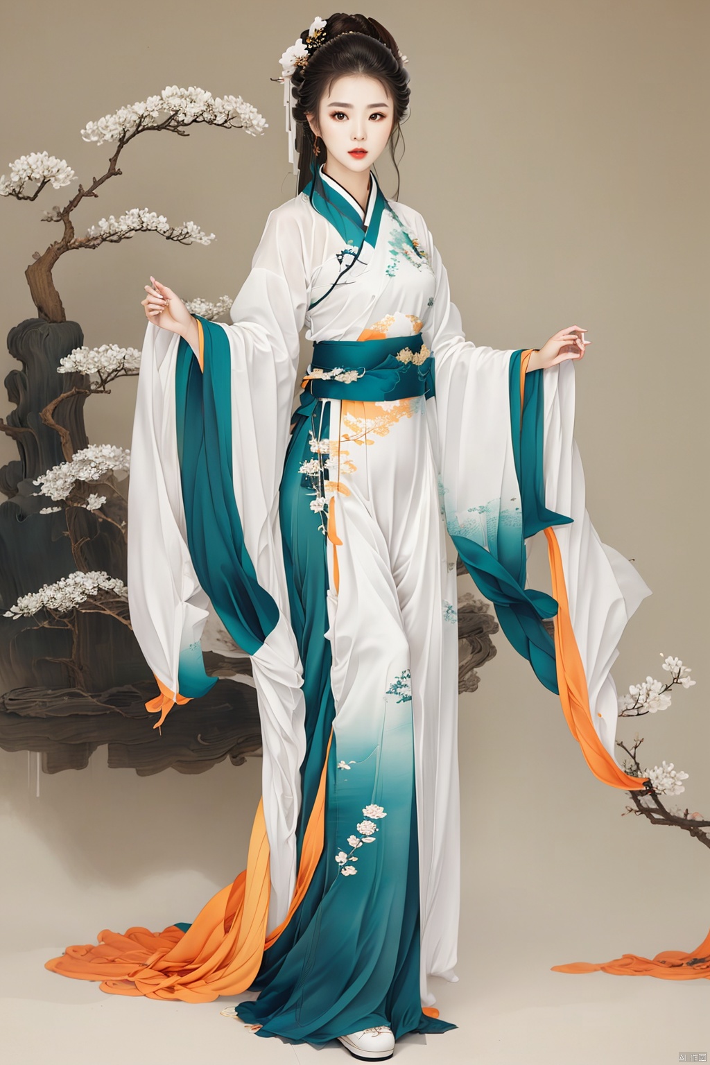 1 girl, hanfu, wide sleeve flowing fairy skirt