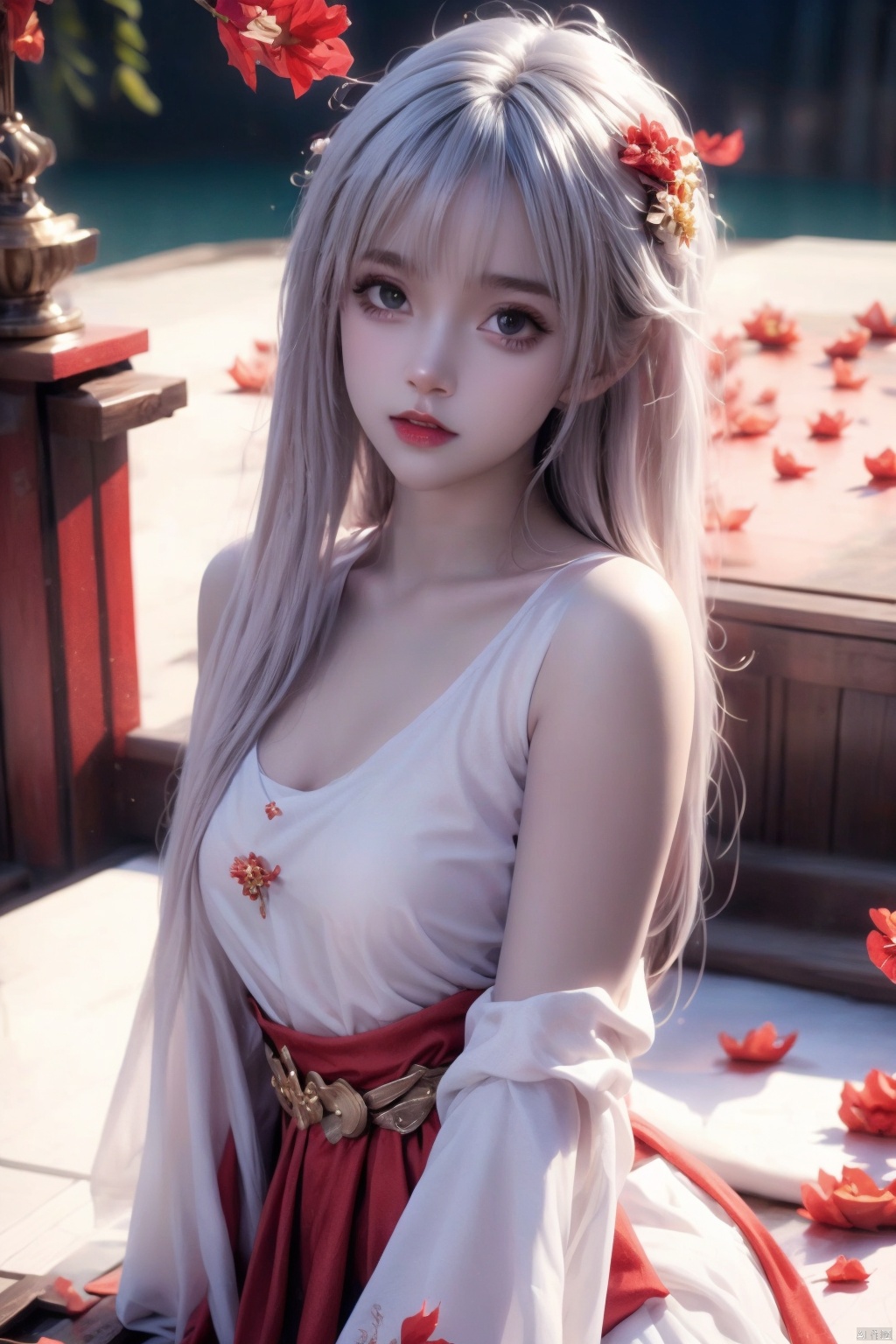  1girl, red eyes, white long translucent night gown, expressionless, (white hair), hair cover one eye, long hair, red hair flower, kneeling on lake, blood, (plenty of red petals:1.35), (white background:1.5), dofas, xiaoyixian