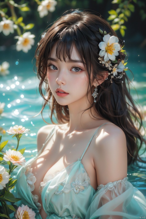  Masterpiece, best quality, 32K, 1 girl, Solo, long hair, breasts, bangs, brown hair, hair decor, cleavage, bare shoulders, upper body, flowers, parted lips, artist&#039;s name, hair flowers, water, close shoulders, blur, lips, depth of field, pattern, foam, red lips
