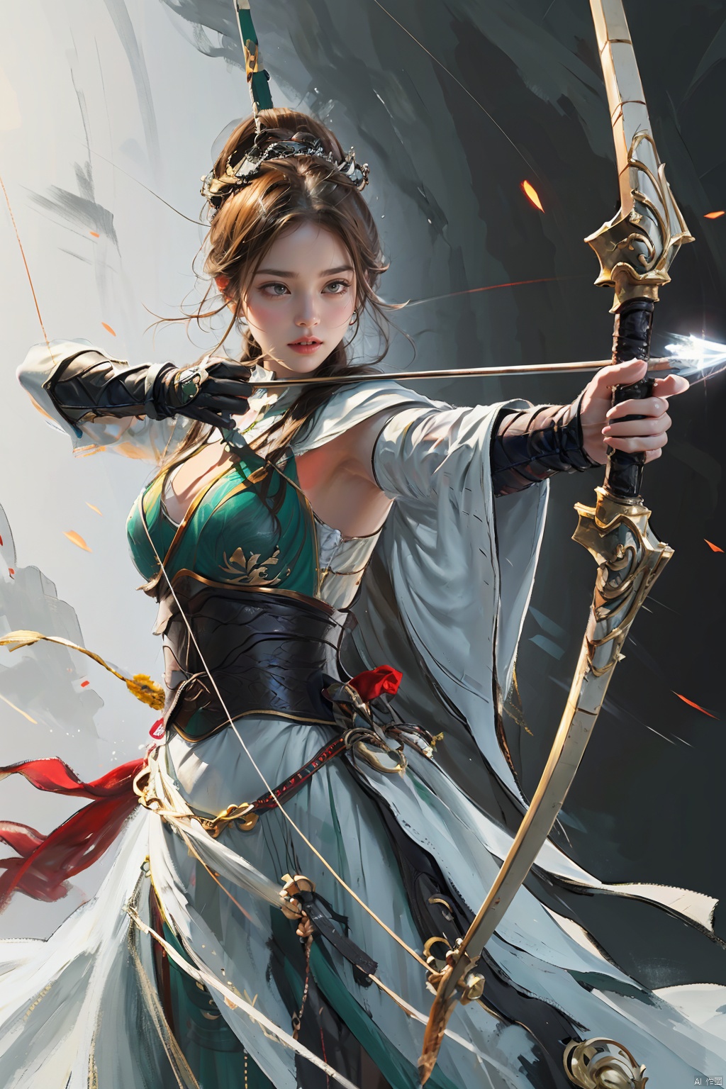  1girl,big breasts, solo, gloves,long hair, focusing intensely,Hold the iron tire bow with the left hand and draw a bow and shoot arrows, Wearing a jade crown, shining silver armor, and wearing a lion headband. Treading towards the sky with cow tendon boots; Wearing a crimson cloak on her shoulders, carrying a three foot green blade on her waist, coupled with her tall figure and resolute expression,clean white background,