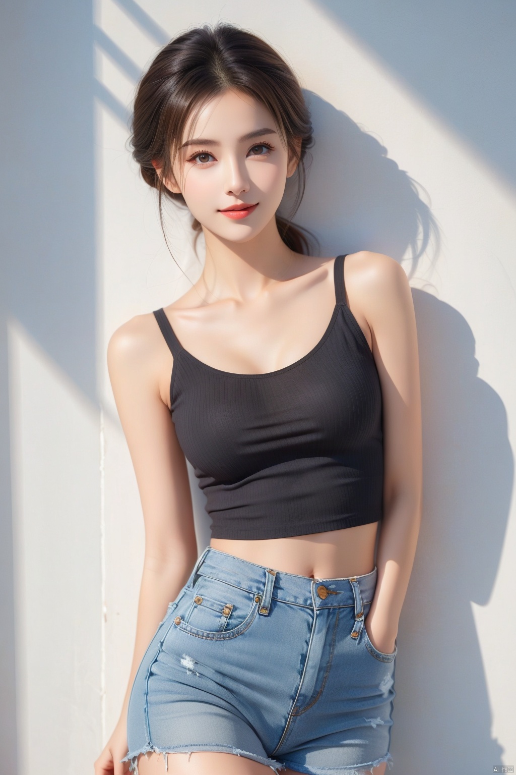  1girl, solo, breasts, looking at viewer, smile, brown hair, black hair, navel, bare shoulders, brown eyes, jewelry, closed mouth, standing, collarbone, cowboy shot, midriff, pants, lips, shadow, **** top, denim, jeans, realistic, arms at sides, 1girl,short skirt, （\personality\）, 1 girl,moyou