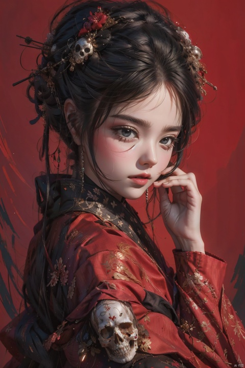  1girl, solo, long hair, looking at viewer, black hair, hair ornament, long sleeves, holding, upper body, parted lips, japanese clothes, hand up, hair bun, from side, makeup, single hair bun, red background, skull, red lips, hair stick, red theme, skull hair ornament