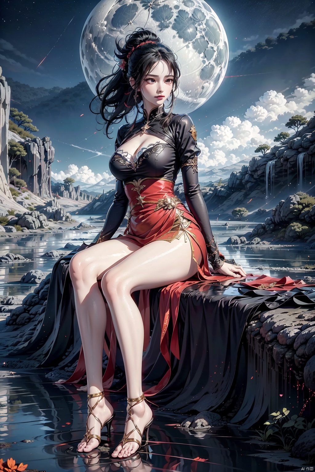  1 girl, knight, (HDR: 1.4), high contrast, low saturation, white short-sleeved shirt, black mini skirt, short hair, single ponytail, hair tied with a red ribbon, color block background, whole body, soft clothing texture, eyes looking at viewer, horizontal, lake, moonlight, bare feet, elegance, shooting star, starlight, red ribbon fluttering in the wind, sword, foreground