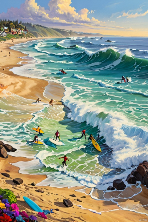  Colorful beach scene with crashing waves, surfers riding the waves, resonance and breaking waves, vibrant colors, high quality image, sharp focus, photorealistic painting by midjourney and greg rutkowski., Water,