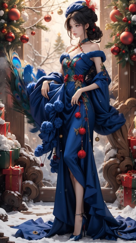  (realism, masterpiece) , a girl, wearing a Christmas hat, a red sweater, a peacock feather coat, high heels, holding a gift box, standing in front of a beautiful Big Christmas tree, outdoors, snow, snow, snow in the sky, Xiqing, HSZT, dress