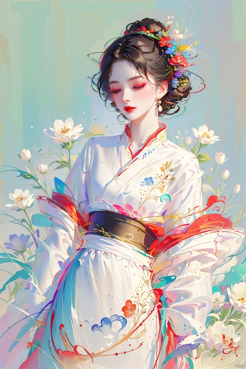  A girl, wearing sunglasses, black hair, closed mouth, closed eyes, flowers, eyelashes, makeup, Hanfu, Hanfu, Ink painting, mLD, sufei, meiren-red lips