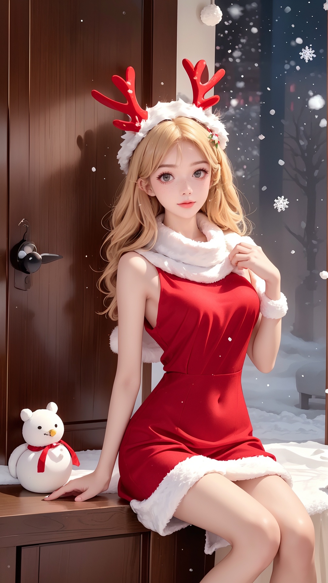  ((best quality)), ((masterpiece)), small breasts,20-year-old girl, (solo), (snowing:1.5),((snow Forest background)), ((christmas red velvet shawl dress, plush antler headwear)), Vintage portal, photography style, soft focus,Blonde hair, freckles, Detailed light and shadow, Front light source, christmas photo, christmas tree, Christmas present, Christmas stocking, White lace knee socks, warm ligh,hair ornaments,1girl, xiqing, christmas, red dress, 1girl, hszt