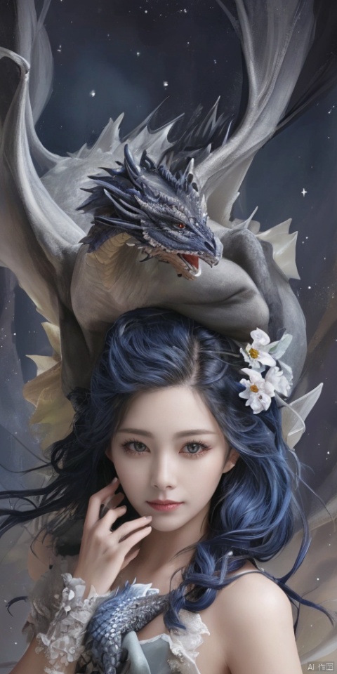  Girl and Dragon,1girl,flower,{{best quality}}, {{masterpiece}}, {{ultra-detailed}}, {illustration}, {detailed light}, {an extremely delicate and beautiful}, a Girl and Dragon, {beautiful detailed eyes}, stars in the eyes, messy floating hair, colored inner hair, Starry sky adorns hair, depth of field, zj,