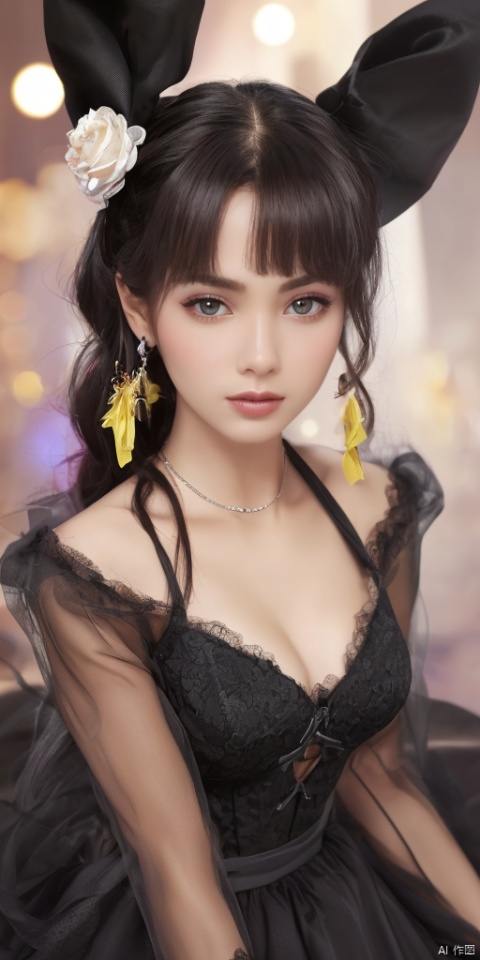  1girl, solo,glowing,yellow eyes,blush,see-through,black rose,long hair,Hexangular Star, looking at viewer, bangs, blue eyes, black hair, hair ornament, long sleeves, dress, bow, ribbon, holding, hair ribbon, heart, cowboy shot, frills, parted lips, puffy sleeves, wide sleeves, bowtie, black dress, red bow, red ribbon, juliet sleeves, red bowtie,,jewelry, earrings,lips, makeup, portrait, eyeshadow, realistic, nose,{{best quality}}, {{masterpiece}}, {{ultra-detailed}}, {illustration}, {detailed light}, {an extremely delicate and beautiful}, a girl, {beautiful detailed eyes}, stars in the eyes, messy floating hair, colored inner hair, Starry sky adorns hair, depth of field, large breasts,cleavage,blurry, no humans, traditional media, gem, crystal, still life, Dance,movements, All the Colours of the Rainbow,zj,
simple background, shiny, blurry, no humans, depth of field, black background, gem, crystal, realistic, red gemstone, still life,
, jewels