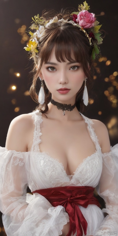  1girl,Chinese girls, solo,glowing,yellow eyes,blush,see-through,black rose,long hair,Hexangular Star, looking at viewer, bangs, black hair, hair ornament, long sleeves, dress, bow, ribbon, holding, hair ribbon, heart, cowboy shot, frills, parted lips, puffy sleeves, wide sleeves, bowtie, red bow, red ribbon, juliet sleeves, red bowtie,jewelry, earrings,lips, makeup, portrait, eyeshadow, realistic, nose,{{best quality}}, {{masterpiece}}, {{ultra-detailed}}, {illustration}, {detailed light}, {an extremely delicate and beautiful}, a girl, {beautiful detailed eyes}, stars in the eyes, messy floating hair, colored inner hair, Starry sky adorns hair, depth of field, large breasts,cleavage,blurry, no humans, traditional media, gem, crystal, still life, Dance,movements, All the Colours of the Rainbow,zj,
simple background, shiny, blurry, no humans, depth of field, black background, gem, crystal, realistic, red gemstone, still life,
, jewels