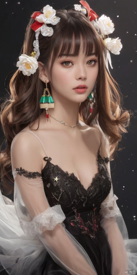  1girl,Chinese girls, solo,glowing,yellow eyes,blush,see-through,black rose,long hair,Hexangular Star, looking at viewer, bangs, black hair, hair ornament, long sleeves, dress, bow, ribbon, holding, hair ribbon, heart, cowboy shot, frills, parted lips, puffy sleeves, wide sleeves, bowtie, red bow, red ribbon, juliet sleeves, red bowtie,jewelry, earrings,lips, makeup, portrait, eyeshadow, realistic, nose,{{best quality}}, {{masterpiece}}, {{ultra-detailed}}, {illustration}, {detailed light}, {an extremely delicate and beautiful}, a girl, {beautiful detailed eyes}, stars in the eyes, messy floating hair, colored inner hair, Starry sky adorns hair, depth of field, large breasts,cleavage,blurry, no humans, traditional media, gem, crystal, still life, Dance,movements, All the Colours of the Rainbow,zj,
simple background, shiny, blurry, no humans, depth of field, black background, gem, crystal, realistic, red gemstone, still life,
, jewels