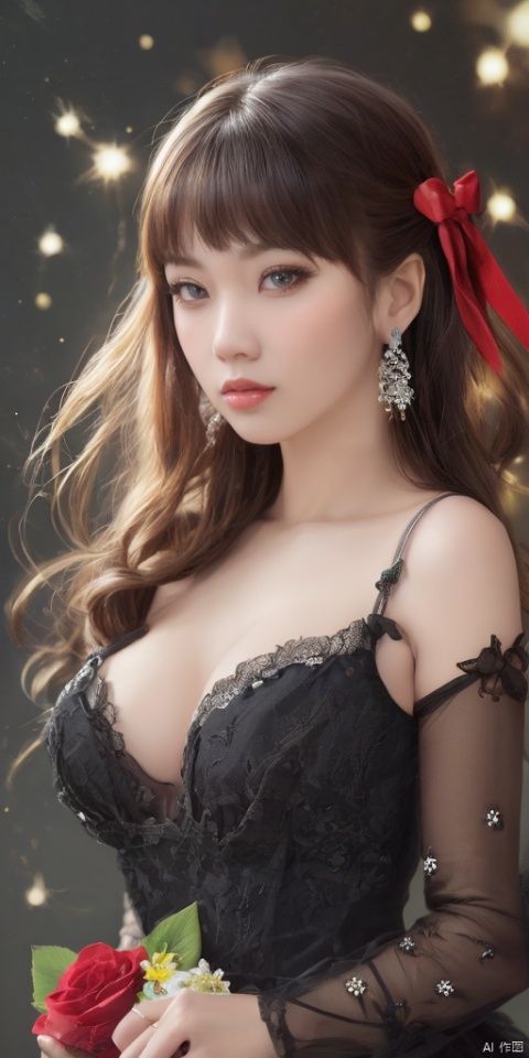  1girl,Chinese girls, solo,glowing,yellow eyes,blush,see-through,black rose,long hair,Hexangular Star, looking at viewer, bangs, blue eyes, black hair, hair ornament, long sleeves, dress, bow, ribbon, holding, hair ribbon, heart, cowboy shot, frills, parted lips, puffy sleeves, wide sleeves, bowtie, black dress, red bow, red ribbon, juliet sleeves, red bowtie,,jewelry, earrings,lips, makeup, portrait, eyeshadow, realistic, nose,{{best quality}}, {{masterpiece}}, {{ultra-detailed}}, {illustration}, {detailed light}, {an extremely delicate and beautiful}, a girl, {beautiful detailed eyes}, stars in the eyes, messy floating hair, colored inner hair, Starry sky adorns hair, depth of field, large breasts,cleavage,blurry, no humans, traditional media, gem, crystal, still life, Dance,movements, All the Colours of the Rainbow,zj,
simple background, shiny, blurry, no humans, depth of field, black background, gem, crystal, realistic, red gemstone, still life,
, jewels