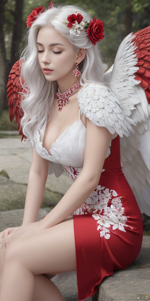 1girl, solo, long hair, brown hair, hair ornament, dress, jewelry, sitting, full body, closed eyes, flower, earrings, wings, hair flower, high heels, red dress, white footwear, red flower, feathered wings, angel wings, white wings,white hair, long hair, hair ornament, dress, solo, moon,jewelry, earrings,lips, makeup, portrait, eyeshadow, realistic, nose,{{best quality}}, {{masterpiece}}, {{ultra-detailed}}, {illustration}, {detailed light}, {an extremely delicate and beautiful}, a girl, {beautiful detailed eyes}, large breasts,cleavage,zj,