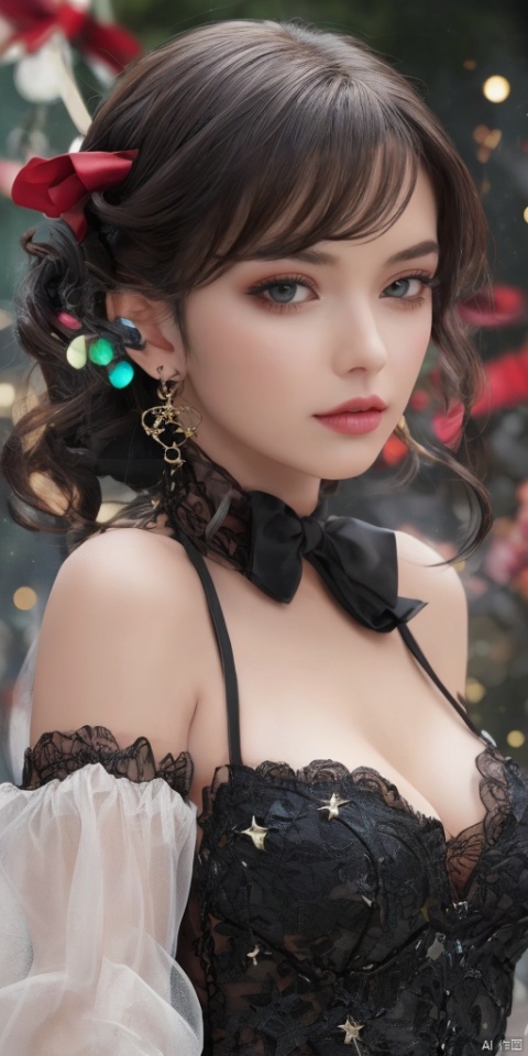  1girl, solo,glowing,blush,see-through,black rose,long hair,Hexangular Star, looking at viewer, bangs, blue eyes, black hair, hair ornament, long sleeves, dress, bow, ribbon, holding, hair ribbon, heart, cowboy shot, frills, parted lips, puffy sleeves, wide sleeves, bowtie, black dress, red bow, red ribbon, juliet sleeves, red bowtie,,jewelry, earrings,lips, makeup, portrait, eyeshadow, realistic, nose,{{best quality}}, {{masterpiece}}, {{ultra-detailed}}, {illustration}, {detailed light}, {an extremely delicate and beautiful}, a girl, {beautiful detailed eyes}, stars in the eyes, messy floating hair, colored inner hair, Starry sky adorns hair, depth of field, large breasts,cleavage,blurry, no humans, traditional media, gem, crystal, still life, Dance,movements, All the Colours of the Rainbow,zj,
simple background, shiny, blurry, no humans, depth of field, black background, gem, crystal, realistic, red gemstone, still life,
, jewels