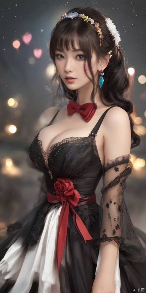 1girl,Chinese girls, solo,glowing,yellow eyes,blush,see-through,black rose,long hair,Hexangular Star, looking at viewer, bangs, blue eyes, black hair, hair ornament, long sleeves, dress, bow, ribbon, holding, hair ribbon, heart, cowboy shot, frills, parted lips, puffy sleeves, wide sleeves, bowtie, black dress, red bow, red ribbon, juliet sleeves, red bowtie,,jewelry, earrings,lips, makeup, portrait, eyeshadow, realistic, nose,{{best quality}}, {{masterpiece}}, {{ultra-detailed}}, {illustration}, {detailed light}, {an extremely delicate and beautiful}, a girl, {beautiful detailed eyes}, stars in the eyes, messy floating hair, colored inner hair, Starry sky adorns hair, depth of field, large breasts,cleavage,blurry, no humans, traditional media, gem, crystal, still life, Dance,movements, All the Colours of the Rainbow,zj,
simple background, shiny, blurry, no humans, depth of field, black background, gem, crystal, realistic, red gemstone, still life,
, jewels