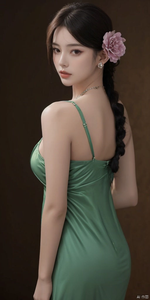  1girl, solo, long hair, breasts, looking at viewer, bangs, black hair, hair ornament, dress, cleavage, bare shoulders, jewelry, upper body, braid, flower, earrings, hair flower, necklace, lips, single braid, own hands together, realistic,Black eyes,lips, makeup, portrait, eyeshadow, realistic, nose,{{best quality}}, {{masterpiece}}, {{ultra-detailed}}, {illustration}, {detailed light}, {an extremely delicate and beautiful}, a girl, {beautiful detailed eyes}, large breasts,cleavage,zj,
