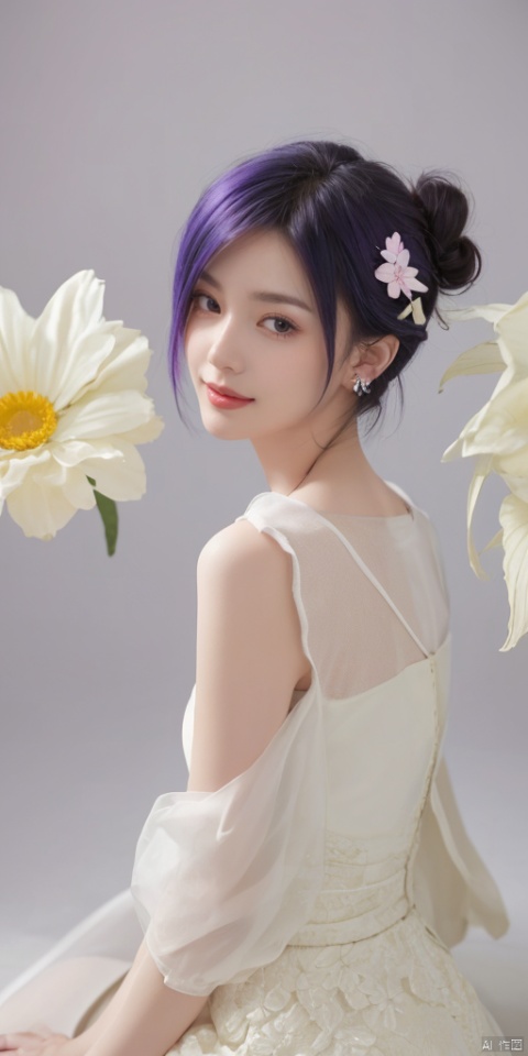  1girl, solo, short hair, simple background, black hair, jewelry, earrings, black eyes, lips, portrait, realistic,feathered wings, angel wings, white wings,zj,1girl, solo, looking at viewer, blush, smile, open mouth, bangs, blonde hair, hair ornament, dress, bare shoulders, blue hair, purple eyes, collarbone, flower, short sleeves, :d, multicolored hair, shoes, virtual youtuber, water, hair bun, white dress, streaked hair, see-through, petals, double bun, white footwear, white flower, pink flower, bubble, yellow flower, jewels