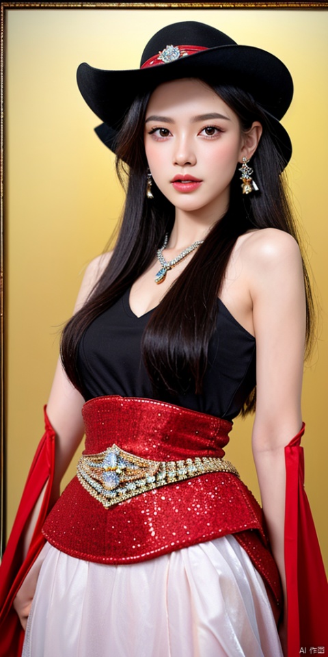 1girl,Mosaic dress,dance, Fairy, crystal, jewels,black, Crystal clear,solo, long hair, looking at viewer,black hair,jewelry, earrings,lips, makeup, portrait, eyeshadow, realistic, nose,masterpiece, (cowboy in Red Dead Revolver), cowboy hat, best quality, oil painting style, golden frame
