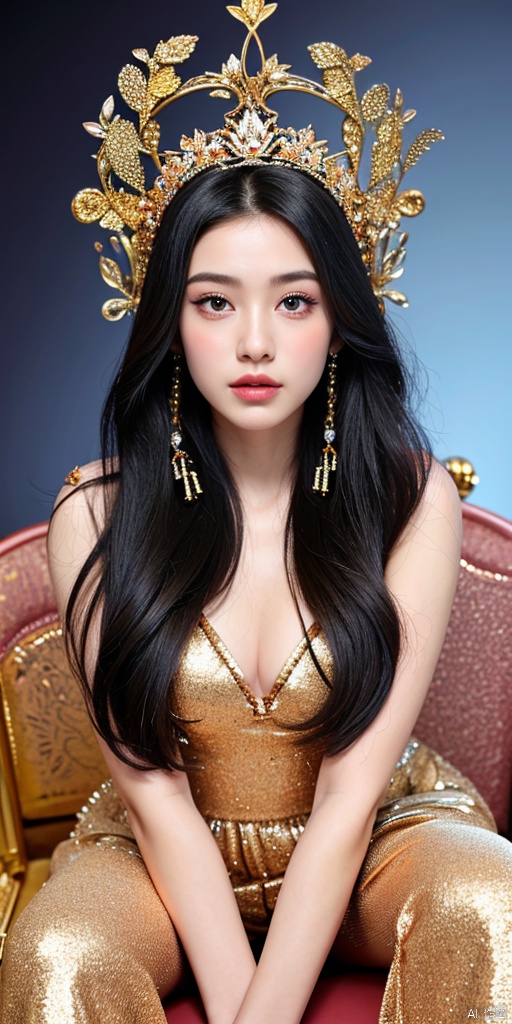 1girl,Mosaic dress,dance, Fairy, crystal, jewels,black, Crystal clear,solo, long hair, looking at viewer,black hair,jewelry, earrings,lips, makeup, portrait, eyeshadow, realistic, nose,(close view, masterpiece, best quality, highres), 1boy, neuvillette, upper body, looking at viewer, serious expression, (detailled background, sitting on a throne)