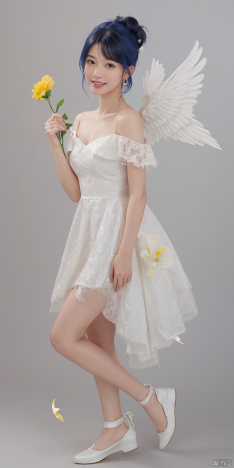  1girl, solo, short hair, simple background, black hair, jewelry, earrings, black eyes, lips, portrait, realistic,feathered wings, angel wings, white wings,zj,1girl, solo, looking at viewer, blush, smile, open mouth, bangs, blonde hair, hair ornament, dress, bare shoulders, blue hair, purple eyes, collarbone, flower, short sleeves, :d, multicolored hair, shoes, virtual youtuber, water, hair bun, white dress, streaked hair, see-through, petals, double bun, white footwear, white flower, pink flower, bubble, yellow flower, jewels