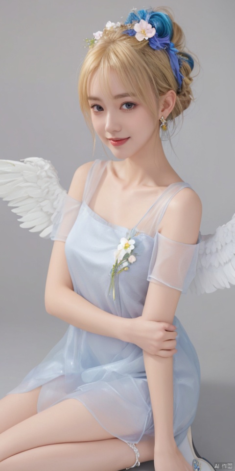  1girl, solo, short hair, simple background, black hair, jewelry, earrings, black eyes, lips, portrait, realistic,feathered wings, angel wings, white wings,zj,1girl, solo, looking at viewer, blush, smile, open mouth, bangs, blonde hair, hair ornament, dress, bare shoulders, blue hair, purple eyes, collarbone, flower, short sleeves, :d, multicolored hair, shoes, virtual youtuber, water, hair bun, white dress, streaked hair, see-through, petals, double bun, white footwear, white flower, pink flower, bubble, yellow flower, jewels