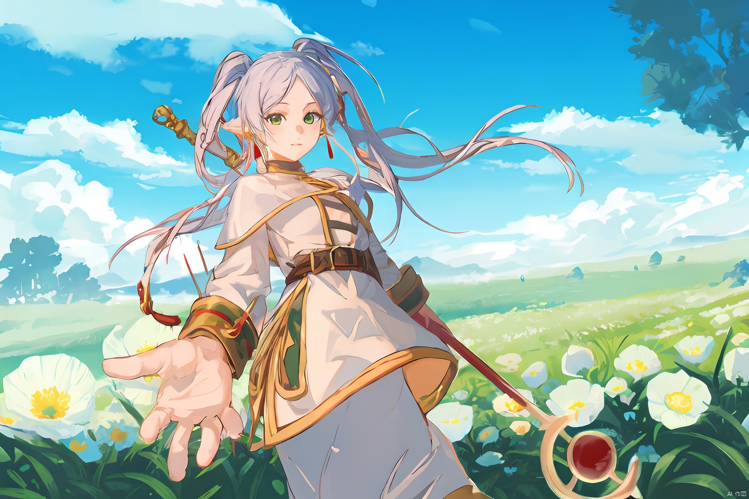 masterpiece,best quality, highly detailed, frieren,1girl,Frieren at the Flower clusters,solo,elf,twintails,looking at viewer,earrings,magic, Frieren, 372089,mimic, Extend hand,hold staff