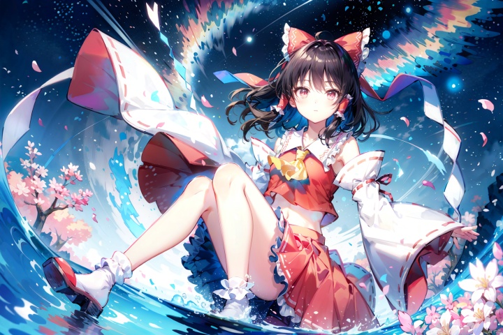  masterpiece, ultra detailed, (underwater), ((floating hair, starry sky reflection, floating sakura petals, rippling)),(pink eyes),(high contrast:0.8),1girl,solo, hakurei_reimu, hair_tubes, detached_sleeves, solo, bow, long_hair, frills, ribbon_trim, red_bow, hair_bow, ribbon-trimmed_sleeves, wide_sleeves, red_skirt, skirt, ascot, frilled_bow, black_hair,(socks) 372089