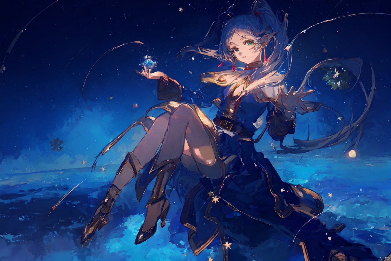  masterpiece,best quality, highly detailed, frieren,1girl,Frieren at the star clusters,solo,elf,twintails,looking at viewer,earrings,magic, Frieren, 372089,mimic,leg