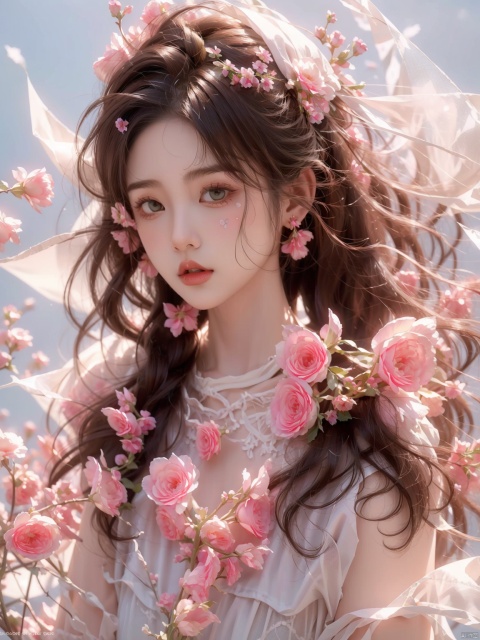  (A girl was bound with white cloth:1.5), silk, cocoon, spider web, Solo, Complex Details, Color Differences, Realistic, (Moderate Breath), Off Shoulder, Eightfold Goddess, Pink Long Hair, White Headwear, Hair Above One Eye, Green Eyes, Earrings, Sharp Eyes, Perfect Fit, Choker, Dim Lights,cocoon,transparent,jiBeauty,1girl, flowers