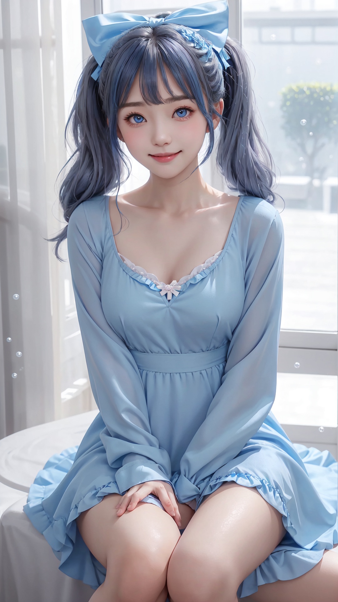  1girl, solo, breasts, blue eyes, long hair, dress, smile, looking at viewer, bangs, open mouth, bow, twintails, long sleeves, hair bow, collarbone, low twintails, blue dress, :d, cleavage, blush, grey hair, bubble, very long hair, medium breasts, blue bow,,,