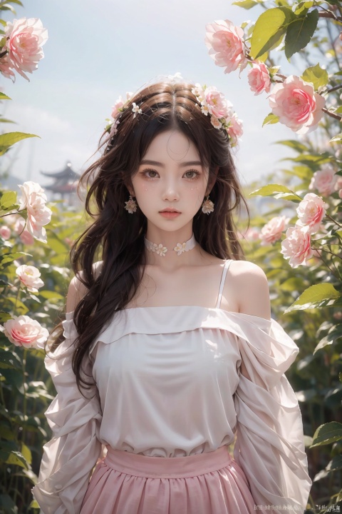  A girl,silk,cocoon,spider web,Solo,Complex Details,Color Differences,Realistic,(Moderate Breath),Off Shoulder,Eightfold Goddess,Pink Long Hair,White Headwear,Hair Above One Eye,Green Eyes,Earrings,Sharp Eyes,Perfect Fit,Choker,Dim Lights,cocoon,transparent,jiBeauty,1girl,flowers,mtianmei,Look at the camera.,flowing skirts,Giant flowers,,