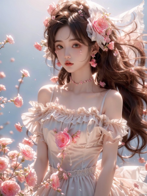  (A girl was bound with white cloth:1.5), silk, cocoon, spider web, Solo, Complex Details, Color Differences, Realistic, (Moderate Breath), Off Shoulder, Eightfold Goddess, Pink Long Hair, White Headwear, Hair Above One Eye, Green Eyes, Earrings, Sharp Eyes, Perfect Fit, Choker, Dim Lights,cocoon,transparent,jiBeauty,1girl, flowers