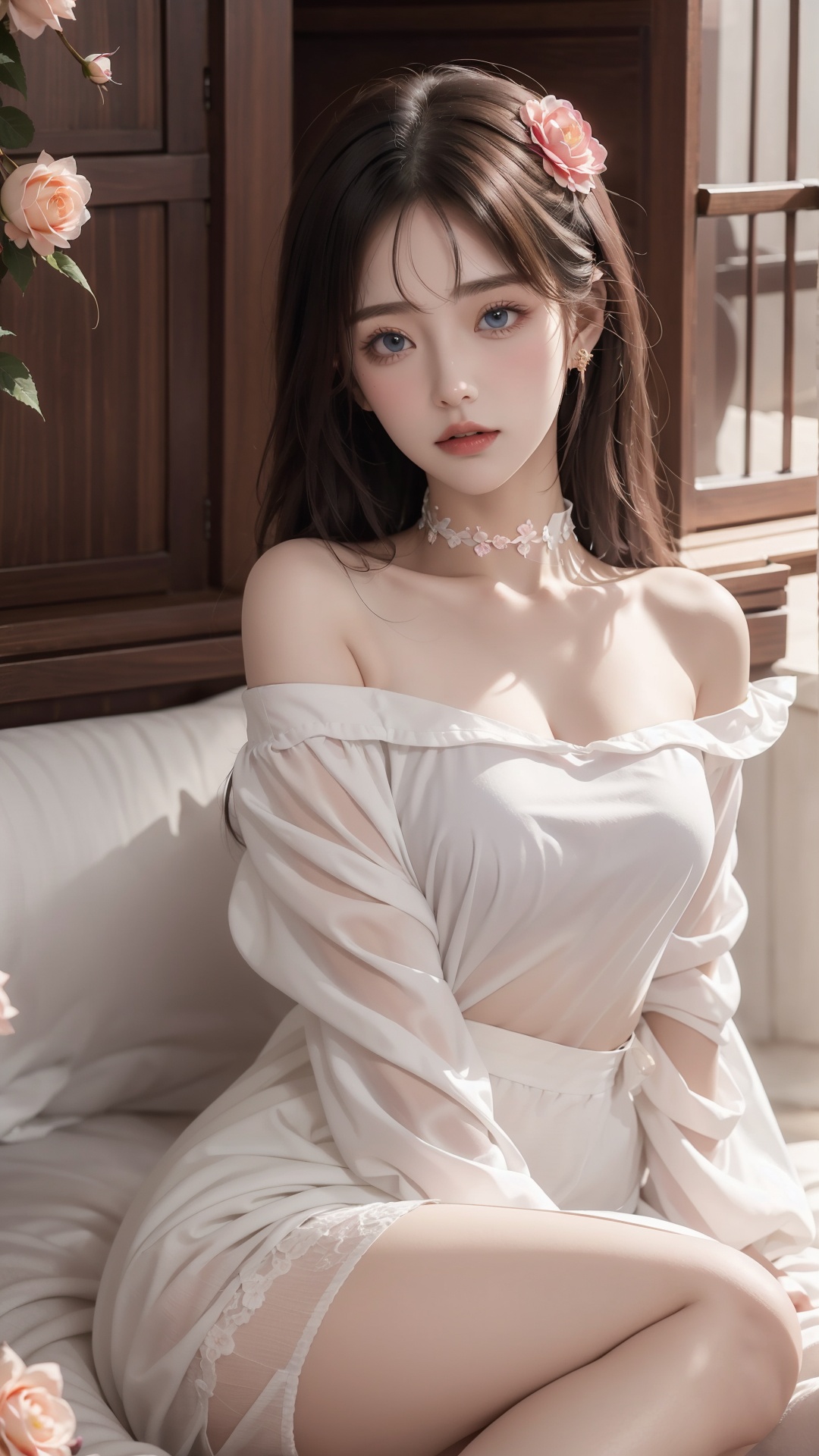  1girl, solo, red flower, flower, blue eyes, long hair, holding flower, holding, rose, dress, petals, hair ornament, red rose, lying, long sleeves, white hair, on back, white dress, looking at viewer, choker, parted lips, bare shoulders, blush, bangs, off shoulder, black choker, hair flower, off-shoulder dress, very long hair, collarbone, puffy long sleeves, puffy sleeves, rose petals, hair between eyes,eyesseye