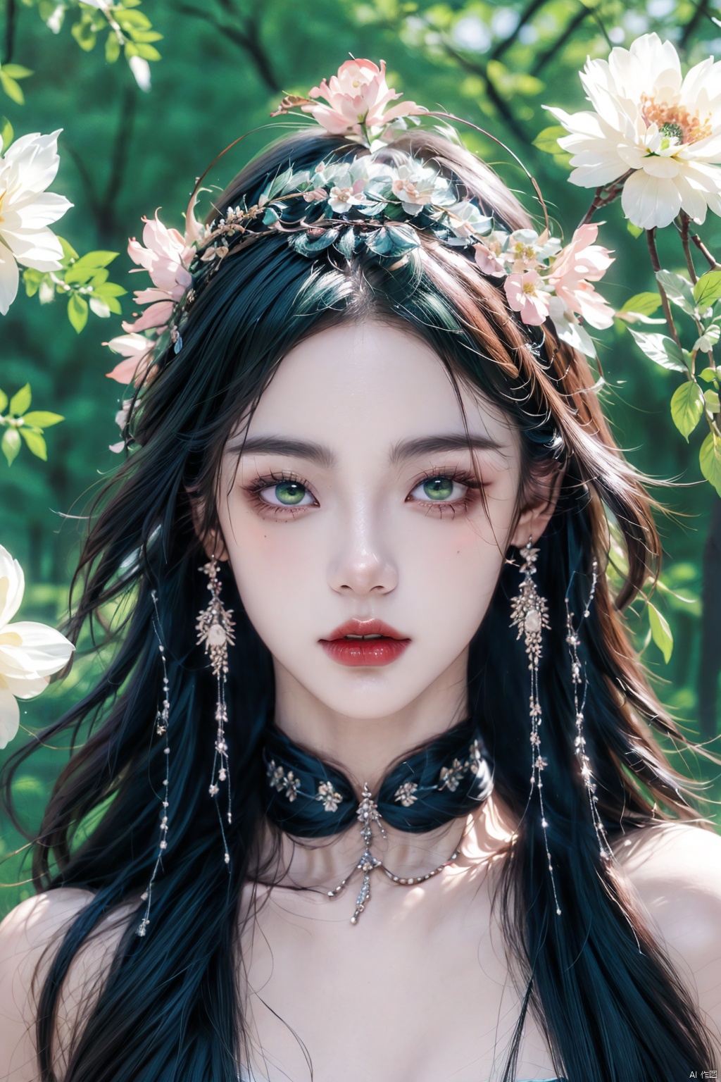  A girl, silk, cocoon, spider web, Solo, Complex Details, Color Differences, Realistic, (Moderate Breath), Off Shoulder, Eightfold Goddess, Pink Long Hair, White Headwear, Hair Above One Eye, Green Eyes, Earrings, Sharp Eyes, Perfect Fit, Choker, Dim Lights, cocoon, transparent, jiBeauty, 1girl, flowers, mtianmei, Look at the camera., flowing skirts, Giant flowers, good hands,