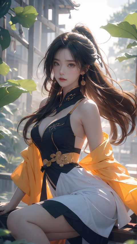  (Low angle shooting, ultra wide angle shooting), A woman wearing a yellow robe,and a dynamic character, exquisite eyebrows, beautiful facial features, (pubic hair: 1.3), sparkling runes, blue Hanfu, (surrounded by rotating long scroll: 1.2),High boots, (floating transparent Chinese characters), dynamic movements, Best picture quality, 3D rendering, up view, ultra wide angle, fisheye, lens focus, ultra realistic and detailed, high detail texture, ultra high quality, 16k,Daofa Rune,Flowing scroll, Ancient China, Wuxia World, Thousands of Swords, Flying Sword, Black through the Hole, surrounded by mist, vast panorama, Unreal light and shadow, wide Angle lens, 1 girl, surrounded by big leaf plants, sitting on a stone, （（Naked Girl））, （（ (medium breasts:1.1)））, wearing flower accessories, (Old-growth forest), (long hair) puberty, young girl, bright outline,Highest pixel, highest quality, large aperture, wilderness, lake, bathing, swimming, fully naked, fairy, fairy, Nebula, backlight