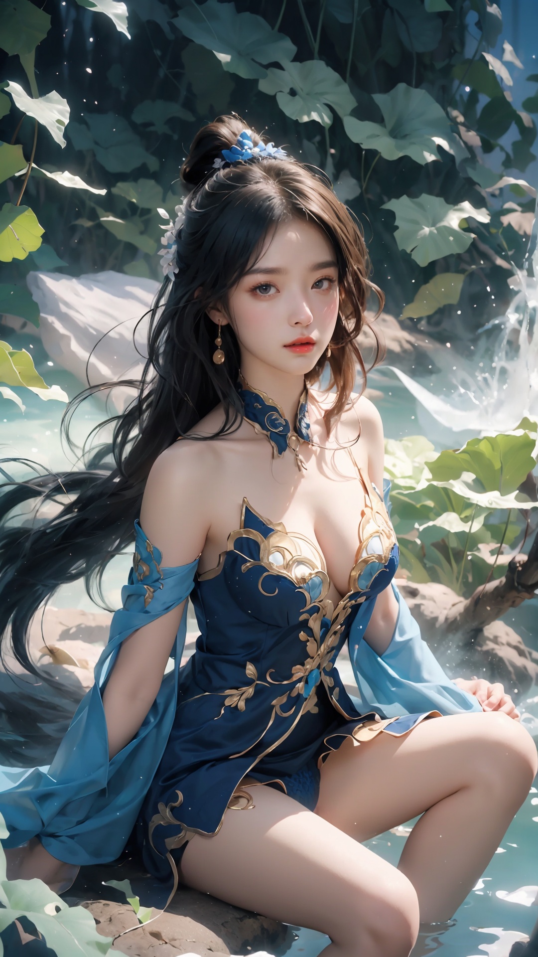  (Low angle shooting, ultra wide angle shooting), A woman wearing a yellow robe,and a dynamic character, exquisite eyebrows, beautiful facial features, (pubic hair: 1.3), sparkling runes, blue Hanfu, (surrounded by rotating long scroll: 1.2),High boots, (floating transparent Chinese characters), dynamic movements, Best picture quality, 3D rendering, up view, ultra wide angle, fisheye, lens focus, ultra realistic and detailed, high detail texture, ultra high quality, 16k,Daofa Rune,Flowing scroll, Ancient China, Wuxia World, Thousands of Swords, Flying Sword, Black through the Hole, surrounded by mist, vast panorama, Unreal light and shadow, wide Angle lens, 1 girl, surrounded by big leaf plants, sitting on a stone, （（Naked Girl））, （（ (medium breasts:1.1)））, wearing flower accessories, (Old-growth forest), (long hair) puberty, young girl, bright outline,Highest pixel, highest quality, large aperture, wilderness, lake, bathing, swimming, fully naked, fairy, fairy, Nebula, backlight