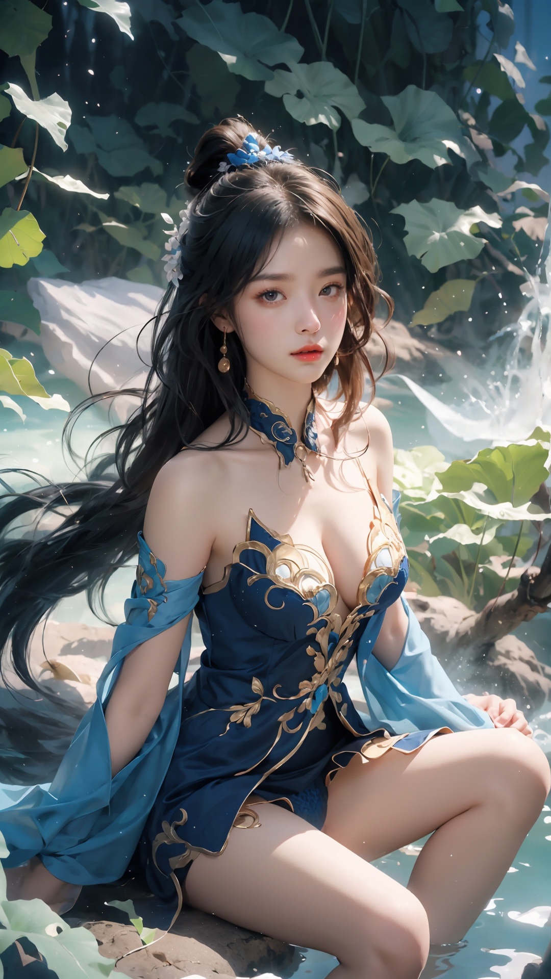  (Low angle shooting, ultra wide angle shooting), A woman wearing a yellow robe,and a dynamic character, exquisite eyebrows, beautiful facial features, (pubic hair: 1.3), sparkling runes, blue Hanfu, (surrounded by rotating long scroll: 1.2),High boots, (floating transparent Chinese characters), dynamic movements, Best picture quality, 3D rendering, up view, ultra wide angle, fisheye, lens focus, ultra realistic and detailed, high detail texture, ultra high quality, 16k,Daofa Rune,Flowing scroll, Ancient China, Wuxia World, Thousands of Swords, Flying Sword, Black through the Hole, surrounded by mist, vast panorama, Unreal light and shadow, wide Angle lens, 1 girl, surrounded by big leaf plants, sitting on a stone, （（Naked Girl））, （（ (medium breasts:1.1)））, wearing flower accessories, (Old-growth forest), (long hair) puberty, young girl, bright outline,Highest pixel, highest quality, large aperture, wilderness, lake, bathing, swimming, fully naked, fairy, fairy, Nebula, backlight