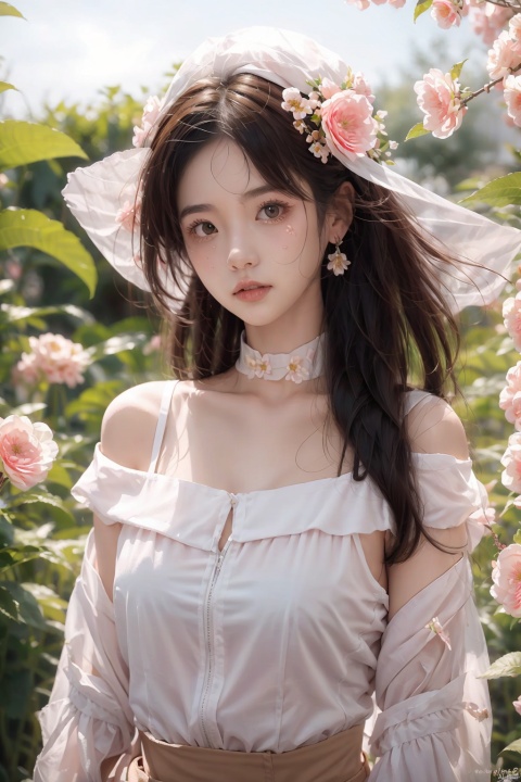  A girl,silk,cocoon,spider web,Solo,Complex Details,Color Differences,Realistic,(Moderate Breath),Off Shoulder,Eightfold Goddess,Pink Long Hair,White Headwear,Hair Above One Eye,Green Eyes,Earrings,Sharp Eyes,Perfect Fit,Choker,Dim Lights,cocoon,transparent,jiBeauty,1girl,flowers,mtianmei,Look at the camera.,flowing skirts,Giant flowers,,