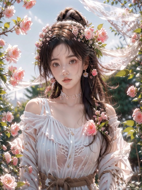  (A girl was bound with white cloth:1.5), silk, cocoon, spider web, Solo, Complex Details, Color Differences, Realistic, (Moderate Breath), Off Shoulder, Eightfold Goddess, Pink Long Hair, White Headwear, Hair Above One Eye, Green Eyes, Earrings, Sharp Eyes, Perfect Fit, Choker, Dim Lights,cocoon,transparent,jiBeauty,1girl, flowers