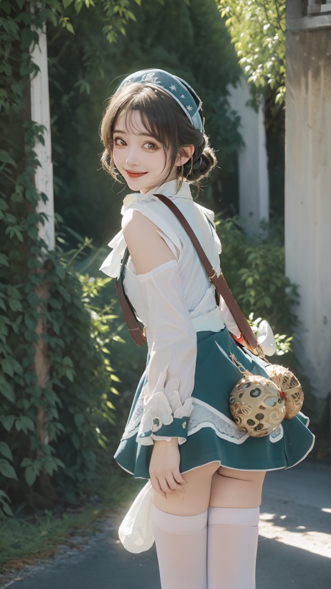  1 Girl, maid, short skirt,Blond Hair,short hair,disheveled hair,scrunchie,maid headdress, white stockings, open mouth, smile,French flag,((Baguette)),Rococo architectural style,vines,Birch,Erigeron annuus (L.) Pers.,eyesseye