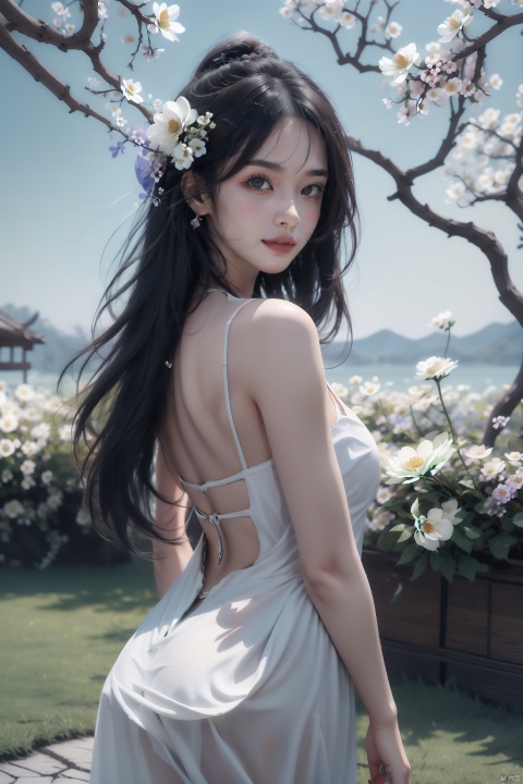  1girl,,This picture depicts a surrealistic image of a woman blending with natural elements. A woman stands in a desolate scene,her back and hair gradually turning into branches and twigs of a tree. A few flowers bloomed on the branch,as if she were a tree growing flowers. She was wearing a flowing white long skirt,with the hem spread out on the ground,interweaving with the lines of the tree roots. This woman's posture is sideways facing backwards,facing the mist in the distance,as if she is gazing or contemplating. The color contrast,light and shadow processing,and theme conception in this picture are all very captivating,creating a feeling of combining fantasy and reality. Overall,images convey an artistic concept that combines natural and human forms,full of symbolic meaning and inner emotional expression.,smile, monkren, liuyifei, Nebula